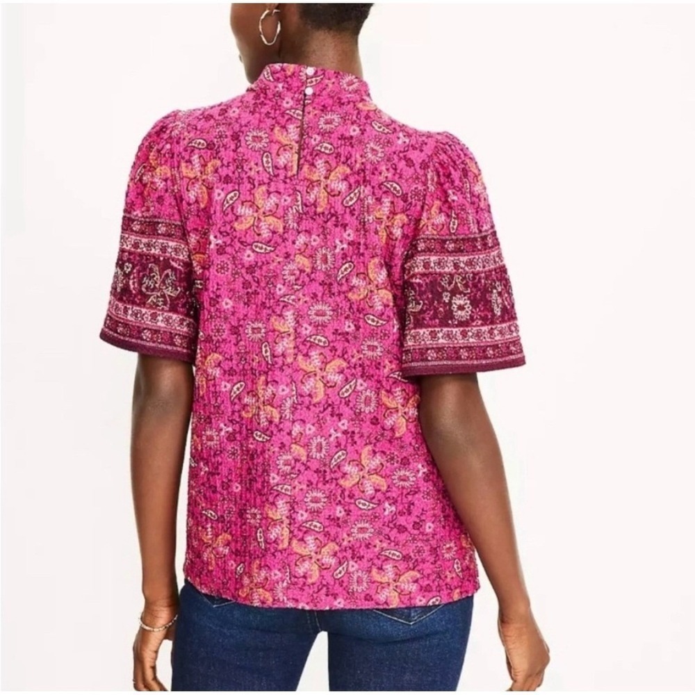LOFT Blouse Top Size Large Pink Floral Print Short Sleeve Boho Feminine Casual - Picture 3 of 11